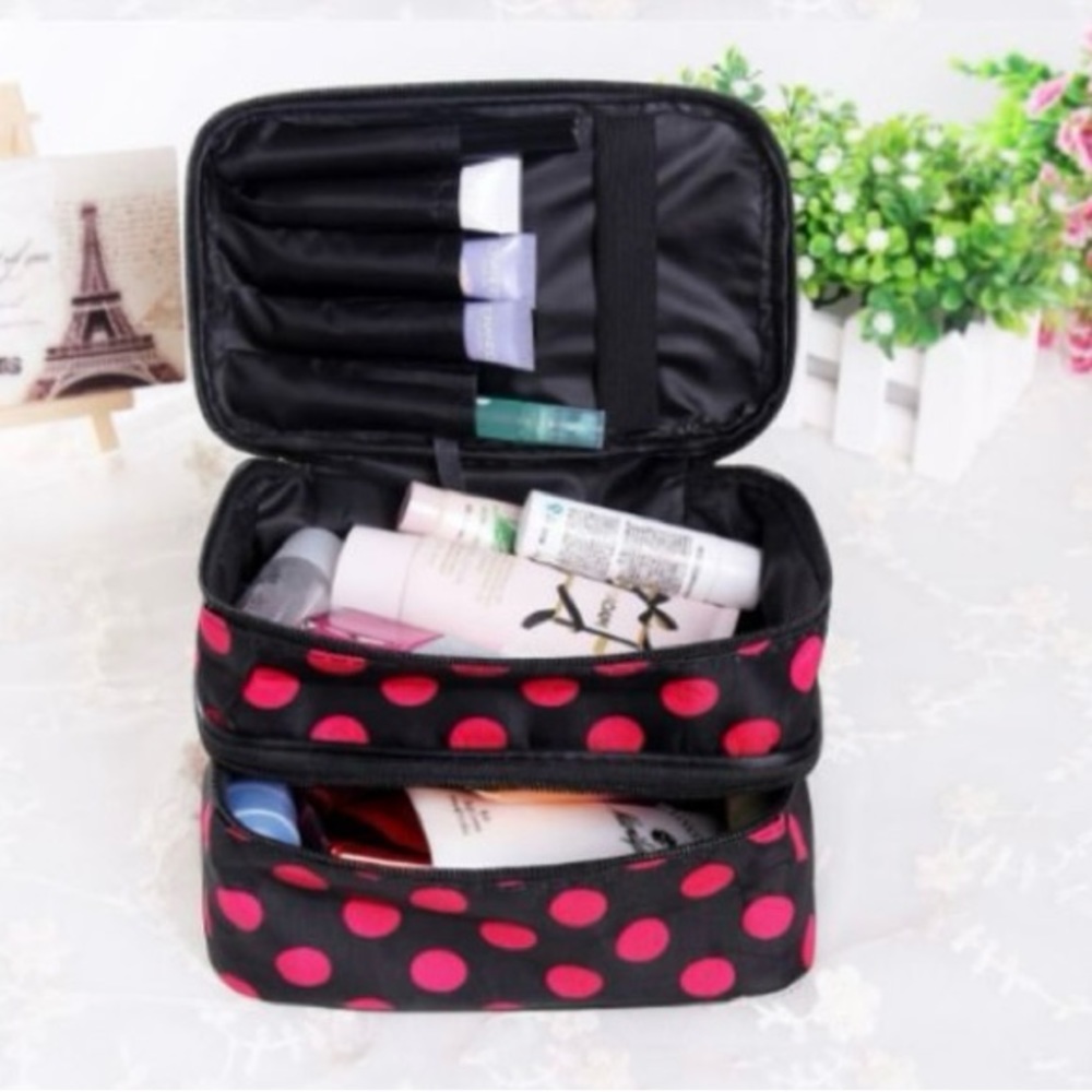 NWT Durable Double Layer Cosmetic Bag with Zipper — black with pink polka dots